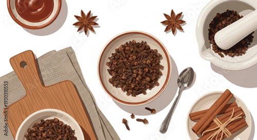 Coffee ingredients on kitchen table with cinnamon sticks and star anise on white background