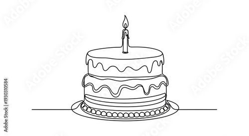 Simple Line Drawing of a Two-Tier Birthday Cake with One Candle