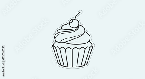 Simple Outline Cupcake with Cherry on Top, Minimalist Line Art, Sweet Dessert Icon