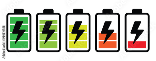1High-contrast battery icons with a central lightning bolt and stylized liquid levels. Perfect for mobile app dashboards and power management software visuals in a clean flat style.