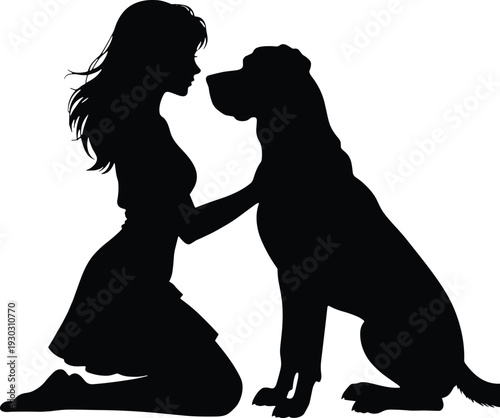 Black Silhouette of Young Woman Kneeling and Bonding with Large Loyal Dog Isolated on White Background Representing Friendship Pet Care and Animal Companionship Concept