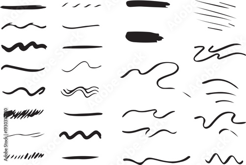 Abstract Black Brush Stroke Collection, Hand Drawn Ink Paint Streaks and Grunge Lines Set, Artistic Calligraphy Brush Marks, Isolated Design Elements for Logo, Poster, Banner, Texture Overlay and Mode