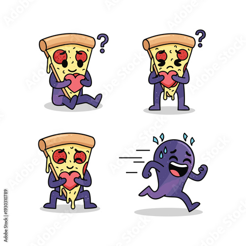 Cartoon Pizza Slice Characters Experiencing Heartbreak and Rejection