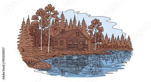 Rustic Log Cabin by Serene Lake Surrounded by Pine Forest in Autumn