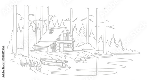 Rustic Log Cabin by Serene Lake with Rowboat and Forest Background