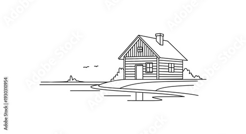 Rustic Log Cabin by Water, Peaceful Nature Scene, Black and White Illustration