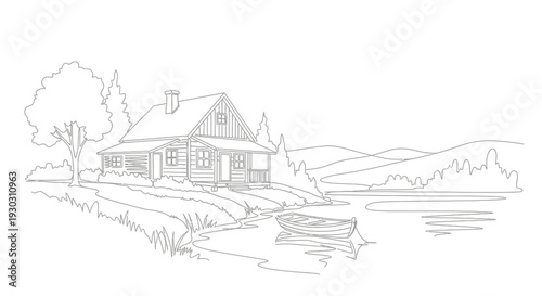 Rustic Log Cabin by Serene Lake with Rowboat, Peaceful Nature Landscape