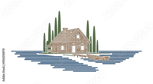 Rustic Log Cabin on Island with Boat and Pine Trees, Serene Lakeside Retreat