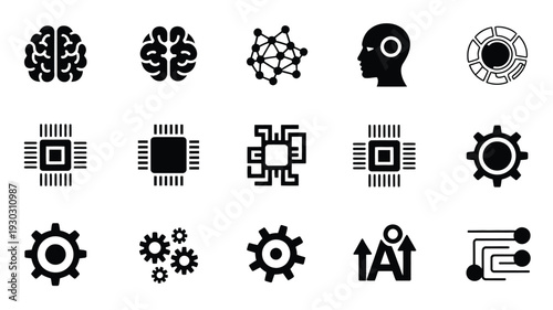 Collection of black and white technology icons featuring brains gears microchips and artificial intelligence symbols on a plain white background for business and science concepts