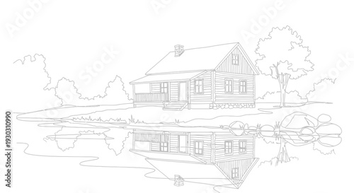 Rustic Log Cabin Reflection on Calm Lake, Nature Landscape Drawing