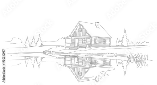 Rustic Log Cabin Reflection on Calm Lake at Sunrise, Wilderness Landscape