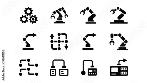 Industrial robotic arm icons set for manufacturing and automation processes on white background