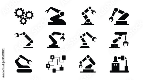 Industrial robotic arm icons in black on white background for manufacturing and automation concepts