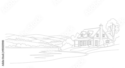 Serene Lakeside House with Rolling Hills Landscape Outline Drawing