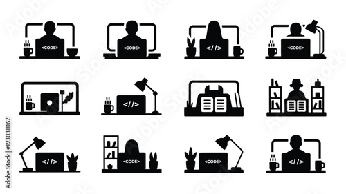 Minimalist black silhouettes of people working on computers and coding in various office settings with lamps and plants