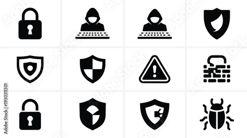 Cybersecurity icons set including lock shield bug and alert symbols on white background for digital security concepts