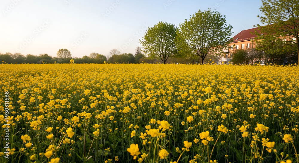 Fototapeta premium Vibrant yellow flowers blooming in a serene field with trees and buildings