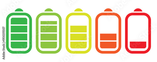 Vector set of battery icons with rectangular blocks showing charge levels from full green to low red. Minimalist flat design for UI/UX, mobile apps, and digital power indicators.