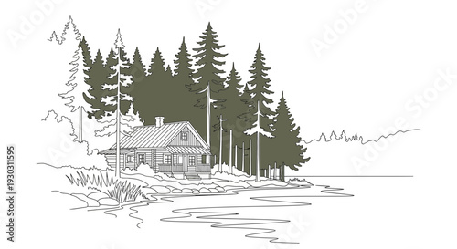 Rustic Log Cabin by Serene Lake and Pine Forest, Hand-Drawn Sketch