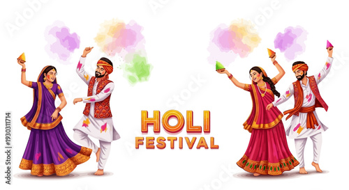 Illustration of people celebrating Holi Festival of Colors with colored powder and traditional dance in a vibrant and joyful scene.