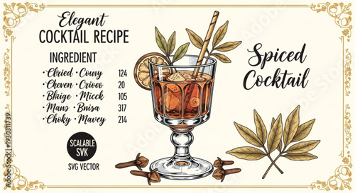 Elegant spiced cocktail recipe illustration with ingredients and garnishes on cream background with golden border