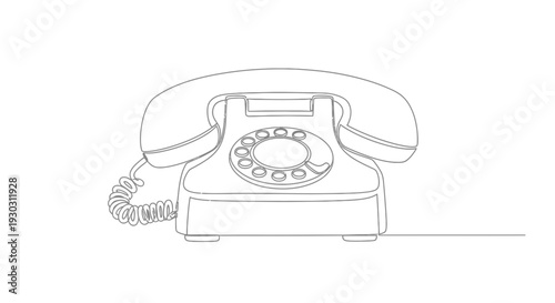Retro Rotary Dial Telephone Single Line Drawing, Vintage Communication Device