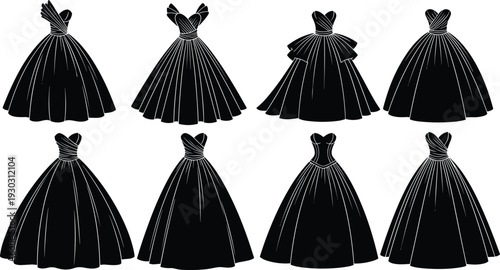 Elegant ball gown silhouette collection, luxury evening dresses with full skirts isolated on white background vector illustration set