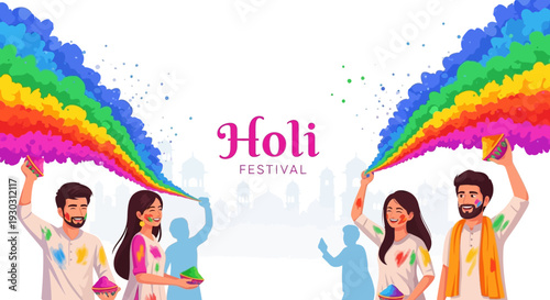 People celebrating Holi Festival of Colors with colored powder and water guns in a joyful and vibrant spring season celebration.