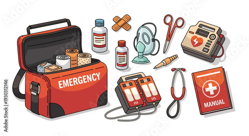 Emergency Medical Kit and Equipment Assorted on White Surface