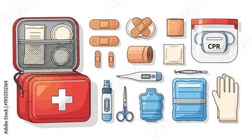 First aid kit and medical supplies laid out on a clean surface for emergency preparedness and healthcare