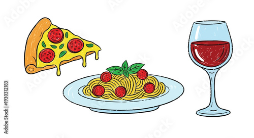 Italian dinner illustration with pizza spaghetti and red wine