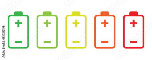 Creative battery status icons with liquid wave effect and plus/minus polarity symbols. Modern rounded design showing energy stages from full to empty for hardware and charging themes.