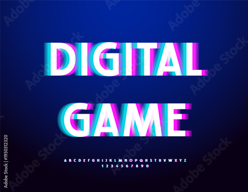Vector Modern concept Digital Game. Bright Glitch style Font. Broken Uppercase Alphabet Letters and Numbers.