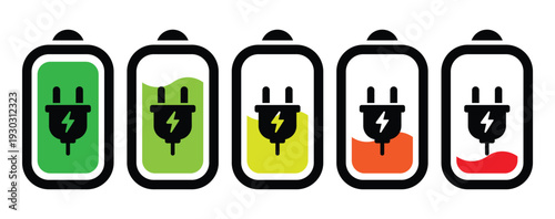 Battery charge indicator set featuring a black power plug and lightning bolt symbol. Illustrates charging process from depleted to fully charged for hardware and electronics themes.