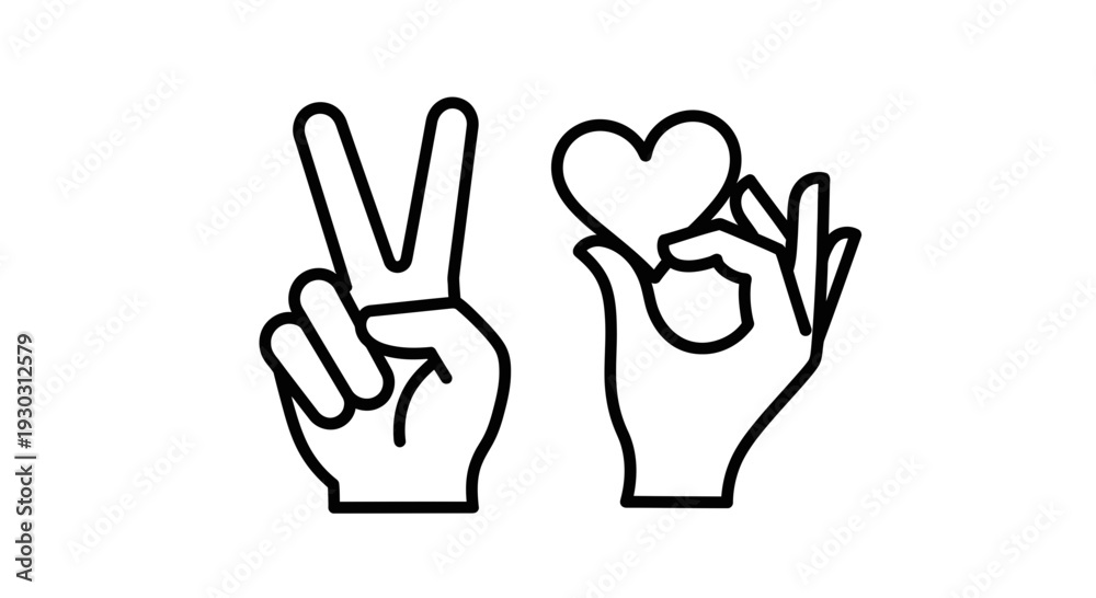 Fototapeta premium Peace and Love Hands Gestures: Victory Sign and Heart Symbol