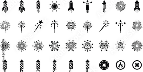 Fireworks and rocket icon set featuring sparkler, explosion burst, celebration pyrotechnics, black vector illustration collection