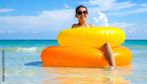 Woman enjoying summer vacation with inflatable rings in the sea.