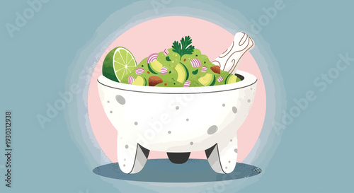 A vibrant illustration of fresh guacamole served in a traditional molcajete with a lime wedge and a spoon, against a soft blue and pink background.