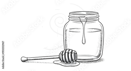 Hand-drawn illustration of a honey jar with a dripping honey dipper, black and white sketch art.