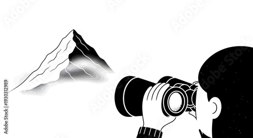 Person using binoculars to observe a distant mountain peak.