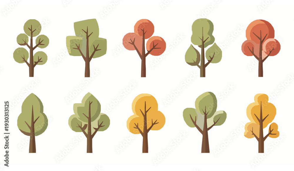 Αυτοκόλλητο Mid century retro deciduous tree icons collection flat vector forest elements is