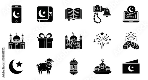 Islamic Religious Symbol Icon Collection Featuring Quran Mosque Prayer Beads Crescent Moon Gift and Ramadan Celebration Elements for Muslim Festival Design Use