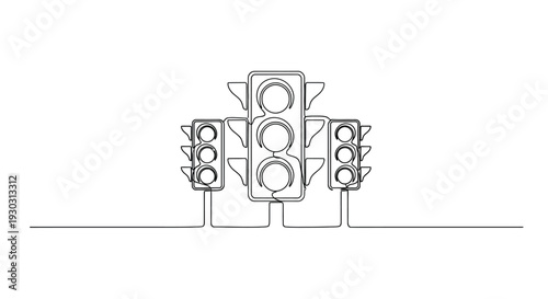 Continuous one line drawing of a set of three traffic lights on white background