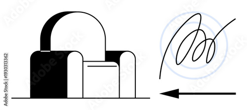 Architectural design. A unique abstract composition a chair structure with curved and rectangular elements, accented by a directional arrow and signature-thumbs up stroke. Architectural concepts