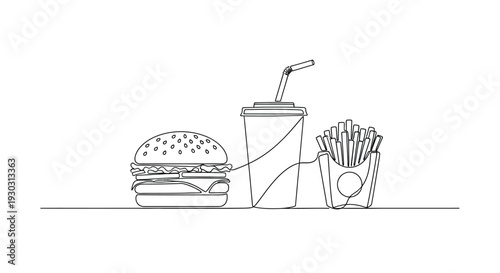 Continuous line drawing of a classic fast food meal with burger, fries, and drink