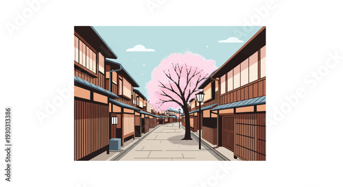 Traditional Japanese street with wooden houses and a blooming cherry blossom tree under a clear sky, depicting a serene spring scene.