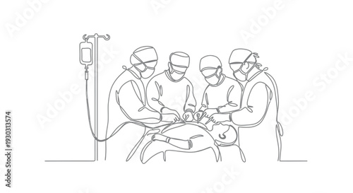 Surgical Team Performing Operation in Medical Line Art Style