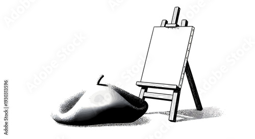 A simple black and white illustration of an artist's beret resting next to a blank canvas on an easel, symbolizing creativity and art.