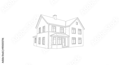 Traditional Suburban House Outline Drawing with Gabled Roof Design