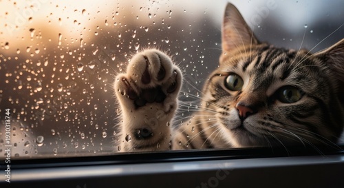 Cat Looking Out Window on Rainy Day.